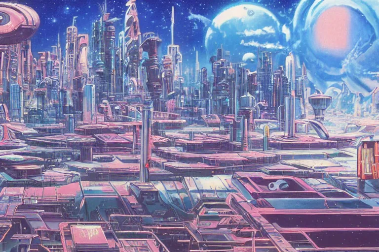 Image similar to 1 9 8 0 s science fiction anime background painting of an alien planet metropolis cityscape