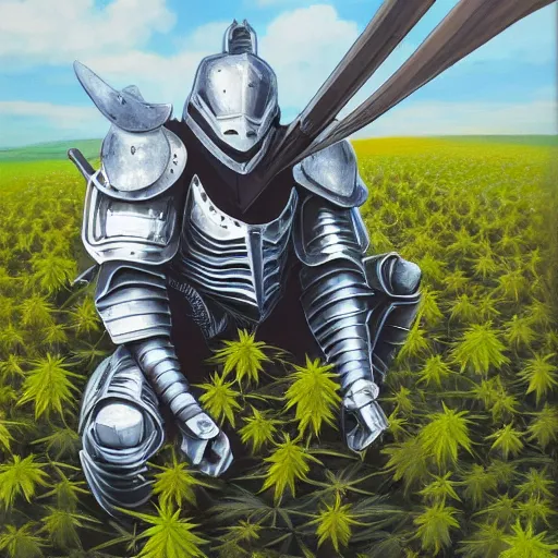 Prompt: an high detailes acryl painting of a full armored knight, squatting in a field of cannabis plants, colorfull, trending on artstation