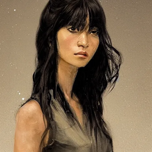 Image similar to Portrait of a woman by Greg Rutkowski, she is about 30 years old, mixture between korean, indian and arabian, pretty, black straigh hair with bangs, attractive, tall and slim, she is wearing beigen and black utilitarian jumpsuit, highly detailed portrait, scifi, digital painting, artstation, concept art, smooth, sharp foccus ilustration, Artstation HQ