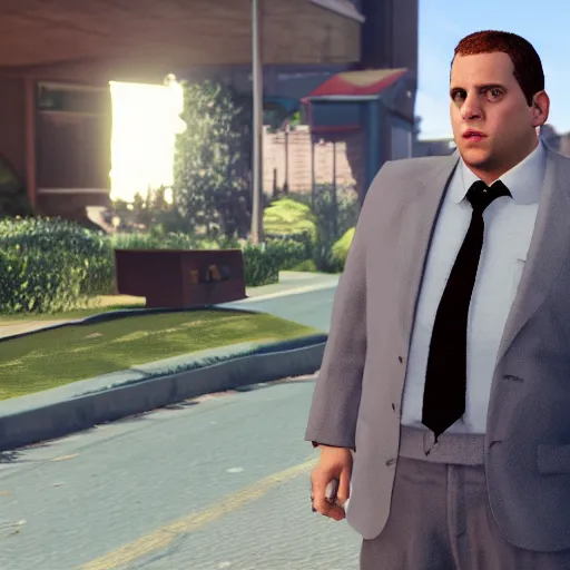 Image similar to jonah hill as a gta v character, wide shot