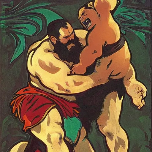 Image similar to zangief from street fighter wrestling a bear by alphonse mucha