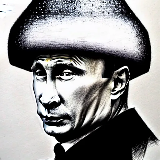 Image similar to vladimir putin with a nuclear mushroom cloud hat, cartoonish, ultra detailed pencil drawing