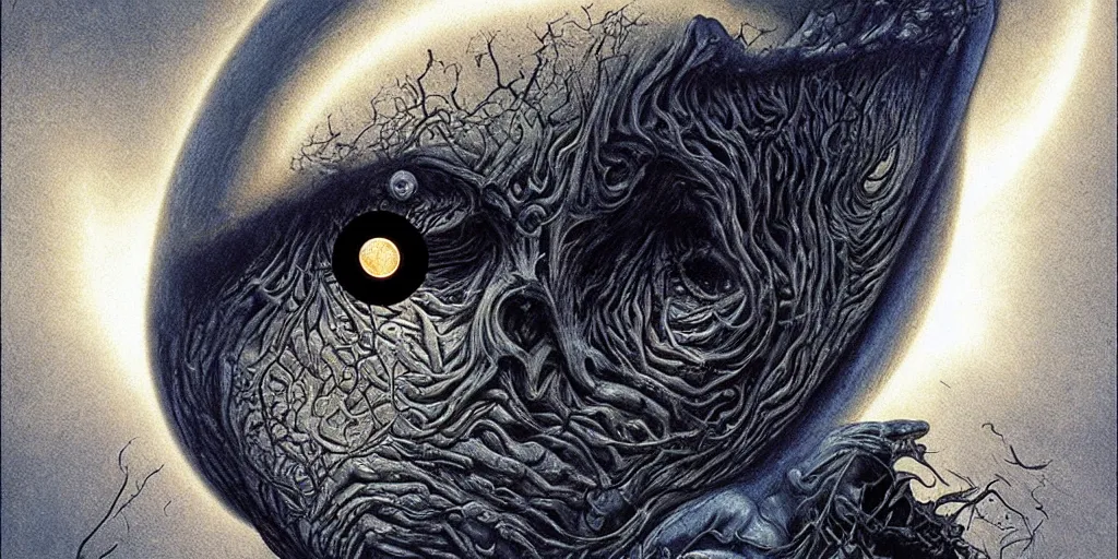 Prompt: the eclipse from berserk, golden ratio, creepy, melting, since, horror, art by wayne barlowe, giger, artgerm