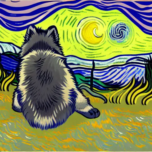 Image similar to view from behind of fluffy baby grey wolf sitting on the shore of a pond, looking out at a sunset, award winning illustration by vincent van gogh