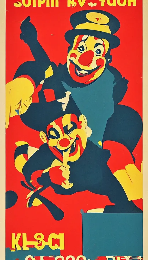 Prompt: a propaganda poster of a clown fight, soviet - era, 1 9 6 0 s, color palette, cold war, colors