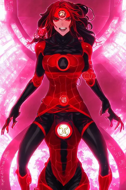 Image similar to anime key visual of a beautiful female red lantern!! intricate, red and black suit, glowing, powers, rage, anger, hate, dc comics, cinematic, stunning, highly detailed, digital painting, artstation, smooth, hard focus, illustration, art by artgerm and greg rutkowski and alphonse mucha