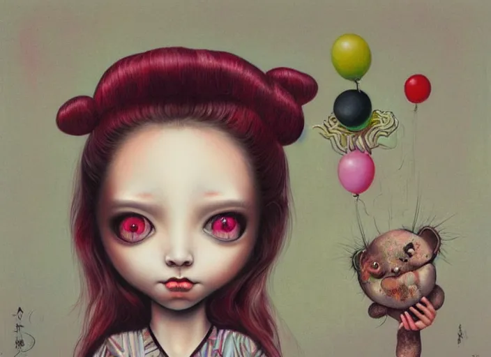 Image similar to pop surrealism, lowbrow art, realistic cute girl painting, japanese street fashion, hyper realism, muted colors, mark ryden, trevor brown style