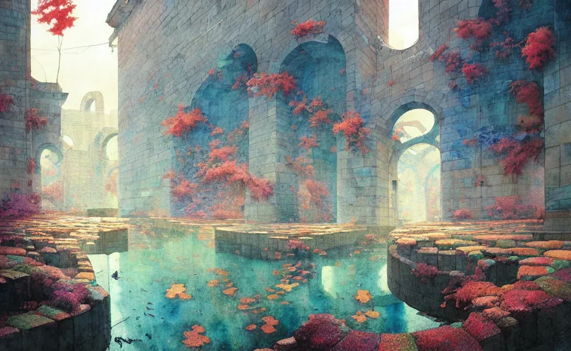 Image similar to tiled room squared waterway, aqueducts, fantasy. intricate, amazing composition, colorful watercolor, by ruan jia, by maxfield parrish, by marc simonetti, by hikari shimoda, by robert hubert, by zhang kechun, illustration, gloomy