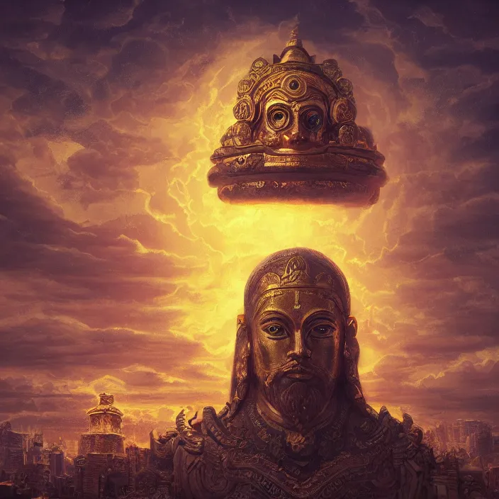 Prompt: wide shot of the floating head of the observer god with a million eyes floating above a temple, digital art, trending on artstation, golden color palette, dynamic composition, realistic clouds, 4k, 8k