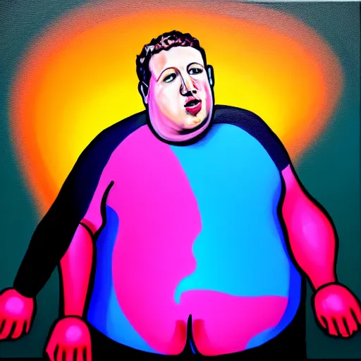 Prompt: A vibrant painting with dramatic lighting of a morbidly obese Mark Zuckerberg unplugging a cord from a wall