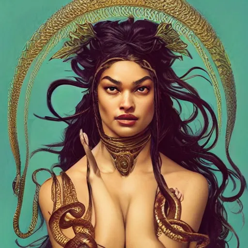 Image similar to Shanina Shaik as Medusa, frowning, scowl, snakes for hair, intricate, elegant, highly detailed, digital painting, artstation, concept art, smooth, sharp focus, illustration, art by artgerm and greg rutkowski and alphonse mucha and Chris Achilleos