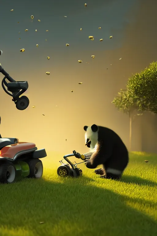 Image similar to a panda is pushing an oldshool lawn mower mowing his lawn, suburban garden, golden hour, cgsociety and beeple highly detailed, cinematic lighting, illustration, art, octane render, unreal engine lumen, very coherent. cinematic, hyper realism, high detail, octane render, 8 k