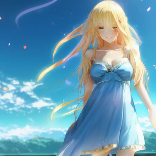 Image similar to a very beautiful anime girl, full body, long wavy blond hair, sky blue eyes, full round face, short smile, golden dress, summer lake setting, cinematic lightning, medium shot, mid-shot, highly detailed, trending on Artstation, Unreal Engine 4k, cinematic wallpaper by Stanley Artgerm Lau, WLOP, Rossdraws, James Jean, Andrei Riabovitchev, Marc Simonetti, and Sakimichan