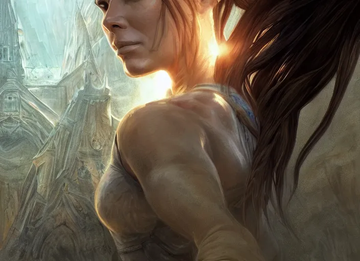 Prompt: face portrait of concentrated young Sandra Bullock as Lara Croft entering the large Minas Tirith gate, sun beams, intricate, elegant, highly detailed, centered, digital painting, artstation, concept art, smooth, sharp focus, illustration, Allan Lee, John Howe