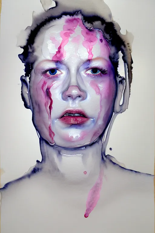 Prompt: watercolor in wet paper, a liquid white clay porcelain portrait of a face melt down flow go runny by marlene dumas, body painted with white thick fluid, detailed watercolor, grainy, contrast