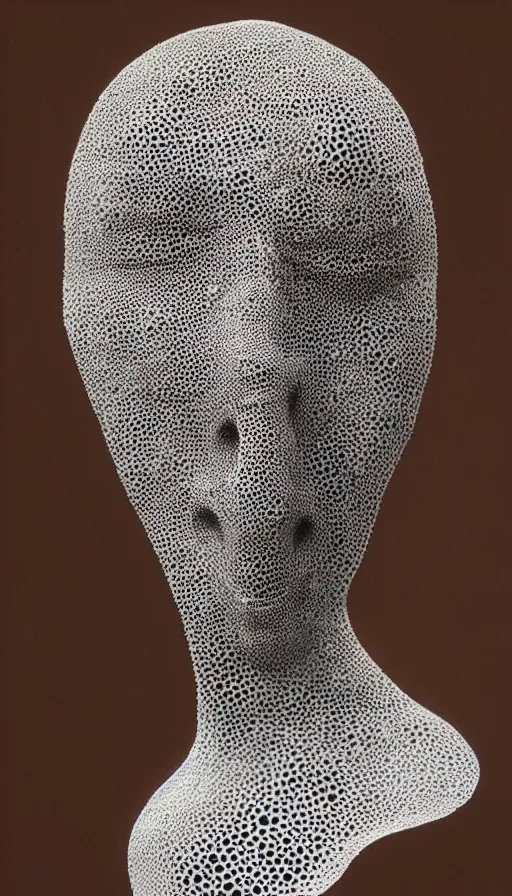 Image similar to a woman with a plastic mask on her face, a surrealist sculpture by alexander mcqueen, trending on pinterest, plasticien, trypophobia, biomorphic, made of plastic