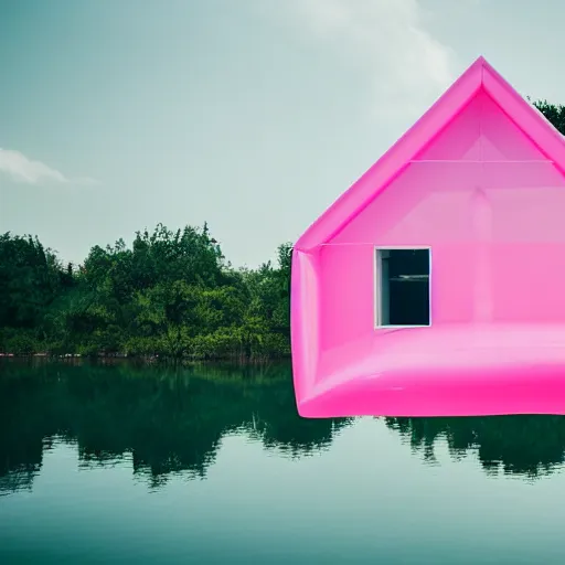 Image similar to a 5 0 mm lens photograph of a cute pink floating modern house, floating in the air between clouds, inspired by the movie up, held up from above by heart ballons. mist, playful composition canon, nikon, award winning, photo of the year