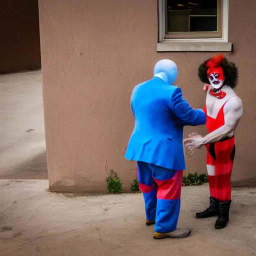 Image similar to a man slapping a clown after being insulted , XF IQ4, 150MP, 50mm, f/1.4, ISO 200, 1/160s, natural light, Adobe Photoshop, Adobe Lightroom, DxO Photolab, polarizing filter, Sense of Depth, AI enhanced, HDR