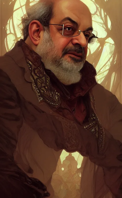 Image similar to portrait of salman rushdie, deep focus, d & d, fantasy, intricate, elegant, highly detailed, digital painting, artstation, concept art, matte, sharp focus, illustration, art by artgerm and greg rutkowski and alphonse mucha