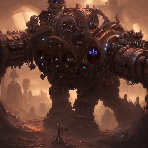 Prompt: a Steam powered mechanical golem, forward facing angle, studio background, concept art, character design, stunning 3d render , art by Tooth Wu and justin gerard and Blizzard studios, 8k octane beautifully detailed render, post-processing, extremely hyperdetailed, intricate complexity, epic composition, grim yet sparkling atmosphere, masterpiece, trending on artstation