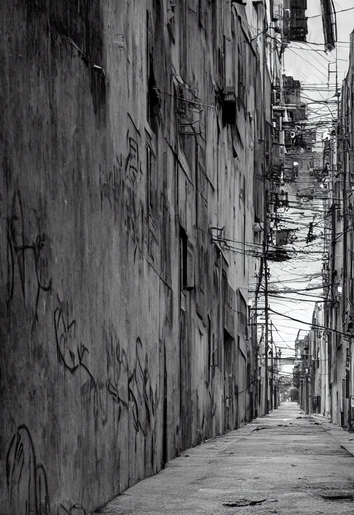 Image similar to looking down a claustrophobic urban alley with dumpsters graffiti and power lines in east vancouver in the style of thomas cole, alphonse mucha, brutalism, hi res, unreal engine, 8 k, ultra - realistic, gritty, 1 0 0 mm, tri - x 4 0 0