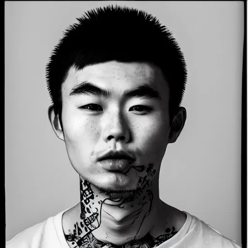 Prompt: beautiful tragic young chinese man with gutterpunk poke and stick face tattoos at dusk, black & white, richard avedon, 5 0 mm, grainy, low light