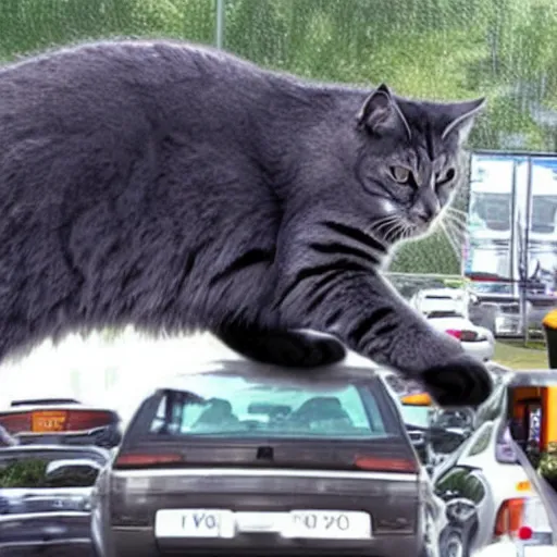 Image similar to giant cat in traffic, ultra realistic, very realistic