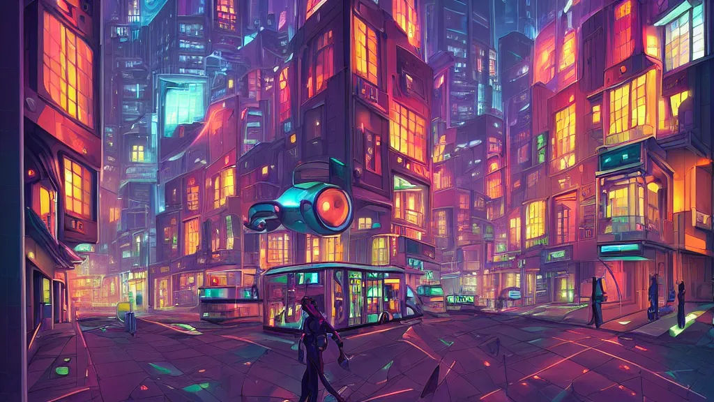 Image similar to street view of futuristic robot london city at night by cyril rolando and naomi okubo and dan mumford and zaha hadid. robots. advertisements for robots. robotic elegant lamps. robotic double decker bus.