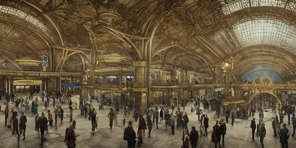 Prompt: cinematic movie scene, 200mm wide shot, precise architectural rendering, interior of victorian era railway station with ornate art nouveau architecture, bustling with people and, victorian architecture, emerald, crystalline, detailed illustration, sharp focus, concept art, unreal engine, octane render, god rays