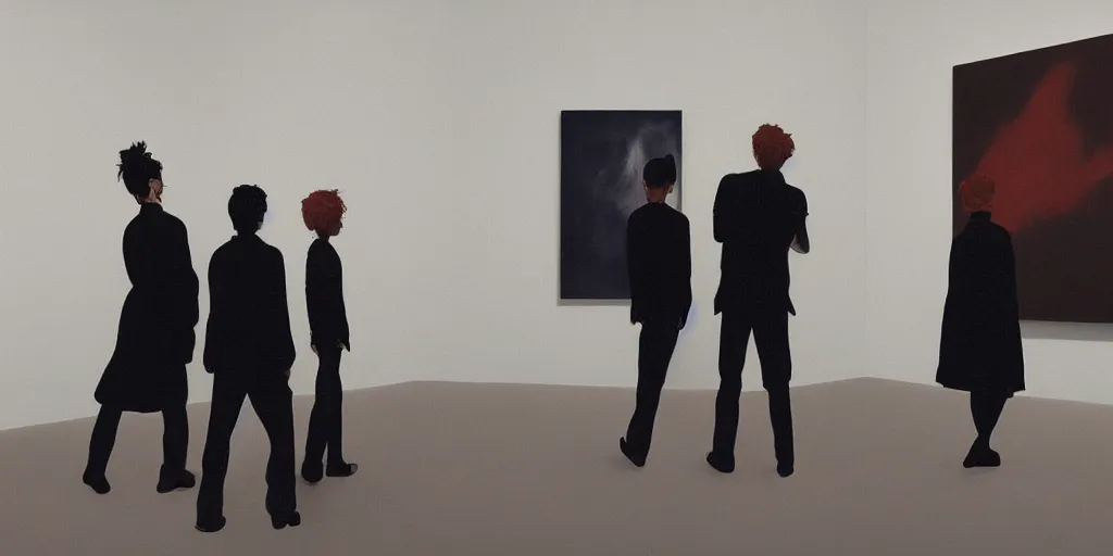 Prompt: an modern art gallery with pictures in the style of tim eitel and cool looking punks in 2 0 2 1