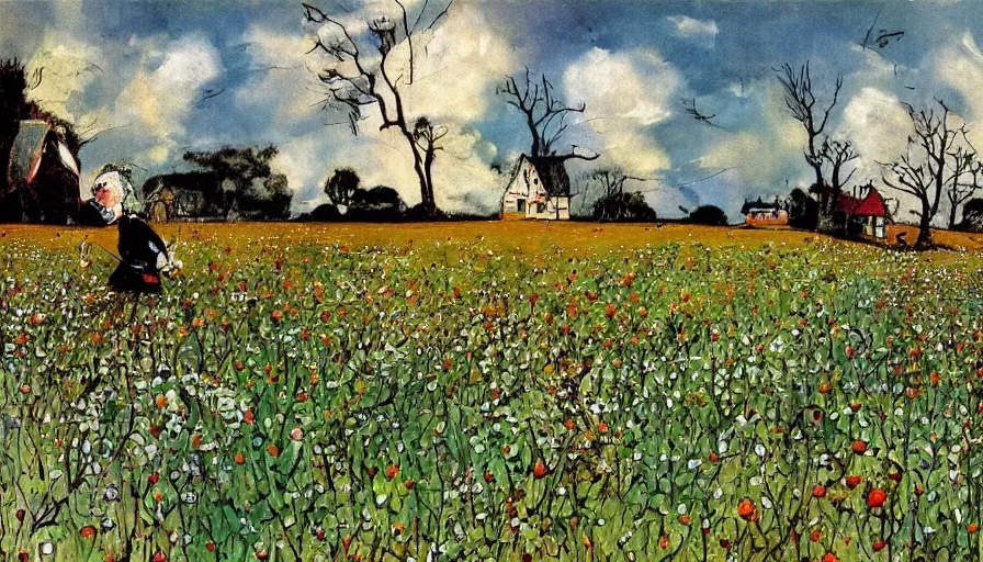 Prompt: a painting of a field with flowers and a cottage by Ralph Steadman, Francis Bacon