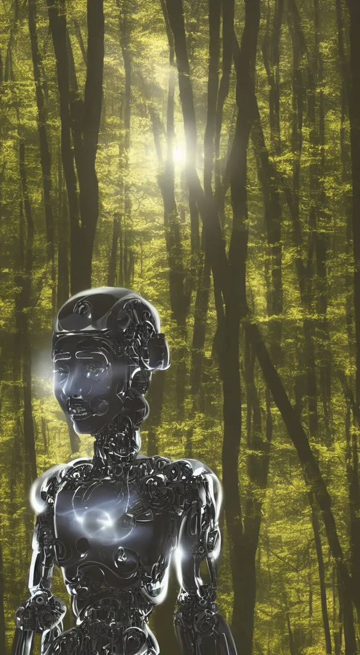 Image similar to a robot portrait in a movie, forest, cinematic shot, sun beams