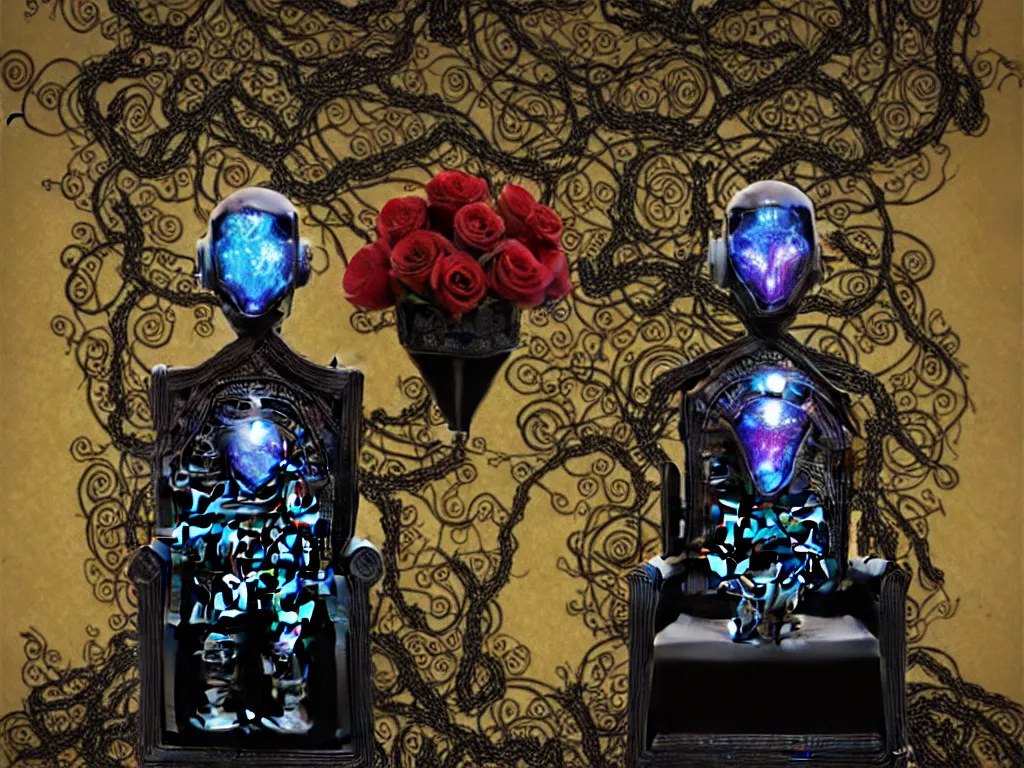 Image similar to robot helmet on a throne, roses with vines dripping black liquid, tarot card with ornate border frame, ornamented flowing jewelry, 4k, trending on artstation, hyper realistic, photorealistic, volumetric lighting, in the style of michael cheval,