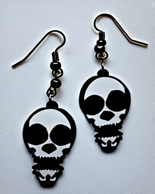 Image similar to spooky cartoon skull, 2 d lasercut earrings, in the style of tim burton