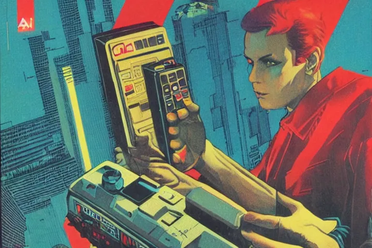 Image similar to a 1982 cover of OMNI magazine depicting a hand holding a bulky retro tv remote. Neo-Tokyo. Cyberpunk style art by Vincent Di Fate.