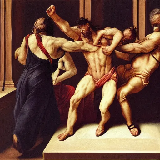 Prompt: three clones of Alex Jones of InfoWars fighting in a courtroom, renaissance painting, extremely detailed