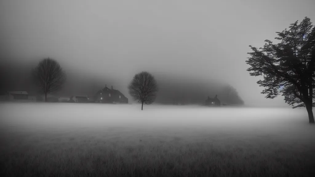 Image similar to village with beautiful houses in the fog on the lake, fog, volumetric lighting, mystique, atmospheric, conept art, sharp focus, ultra detailed, noir arthouse, 4 k, luminous details, cinematic, 3 5 mm, fujifilm