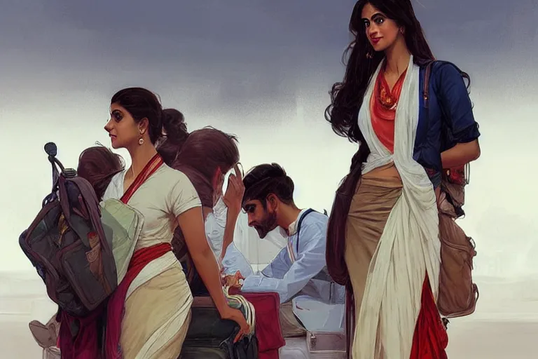 Image similar to Anxious good looking pale young Indian doctors wearing American clothes at the airport, portrait, elegant, intricate, digital painting, artstation, concept art, smooth, sharp focus, illustration, art by artgerm and greg rutkowski and alphonse mucha