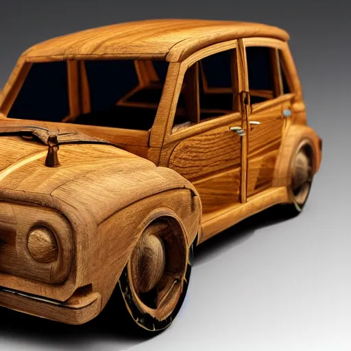 Image similar to russian car made out of wood, 4k, Hyperrealistic photo, Exquisite detail