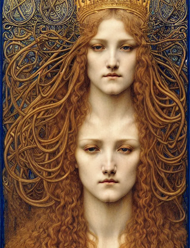 Image similar to detailed realistic beautiful young medieval queen face portrait by jean delville, gustave dore and marco mazzoni, art nouveau, symbolist, visionary, gothic, pre - raphaelite. horizontal symmetry