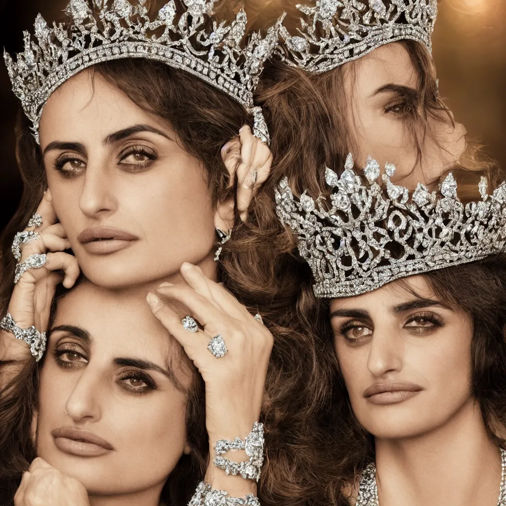 Image similar to penelope cruz as the queen of england, big crown adorned with emerald, diamonds, topaz and other jewellaries, sensual, beautiful soft light failling on her face, zoomed out, studio photography, nikon 3 5 mm portrait photography, ultra realistic