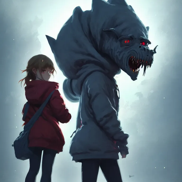 Image similar to cute young girl, wearing oversized hoodie, backpack, holding hands with a towering demonic beast, apocalyptic setting, bokeh, sharp focus, character art, illustration, digital painting, trending on artstation, by masamune shirow, by greg rutkowski.