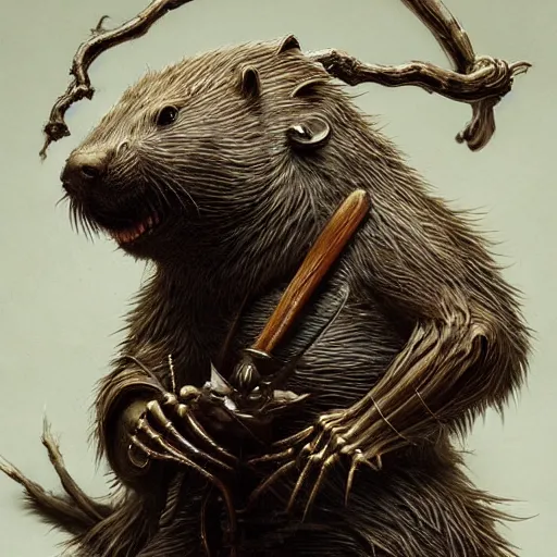 Prompt: a beautiful detailed 3d matte portrait of a ninja beaver, by ellen jewett, by tomasz alen kopera, by Justin Gerard, ninja outfit, visible beaver tail, shiny katana sword, dollar bills, ominous, magical realism, texture, intricate, skeleton, whirling smoke, radiant colors, fantasy, volumetric lighting, high details