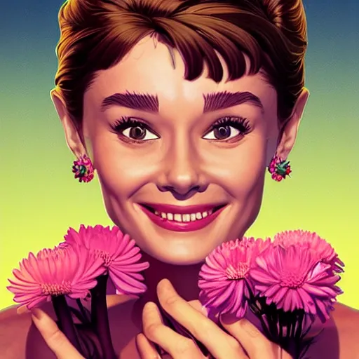 Prompt: portrait of audrey hepburn smiling with flowers in hands. sharp focus, cinematic pose, cinematic lighting, unreal engine render. art by josan gonzales and moebius and deathburger.