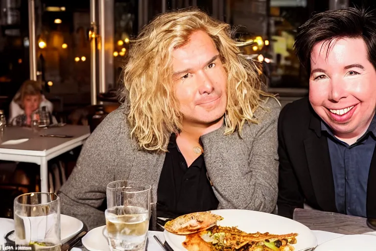 Image similar to portait of michael mcintyre and middle aged blonde woman with short hair and a blonde woman with long hair having dinner at sunday in brooklyn restaurant