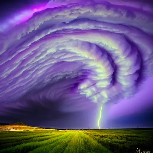 Prompt: amazing photo of a purple clouds in the shape of a tornado by marc adamus, beautiful dramatic lighting