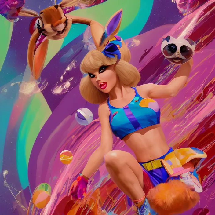 Image similar to portrait of Taylor Swift as Lola Bunny in Space Jam 1996. bunny ears. intricate abstract. intricate artwork. by Tooth Wu, wlop, beeple, dan mumford. octane render, trending on artstation, greg rutkowski very coherent symmetrical artwork. cinematic, hyper realism, high detail, octane render, 8k, iridescent accents