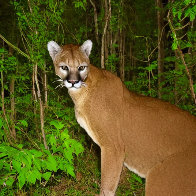 Image similar to cougar in forest at night, night vision goggles, shot from ground up, grainy