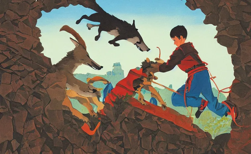 Prompt: a boy fighting a wolf on the edge of a clocktower, by peter chan gouache, print