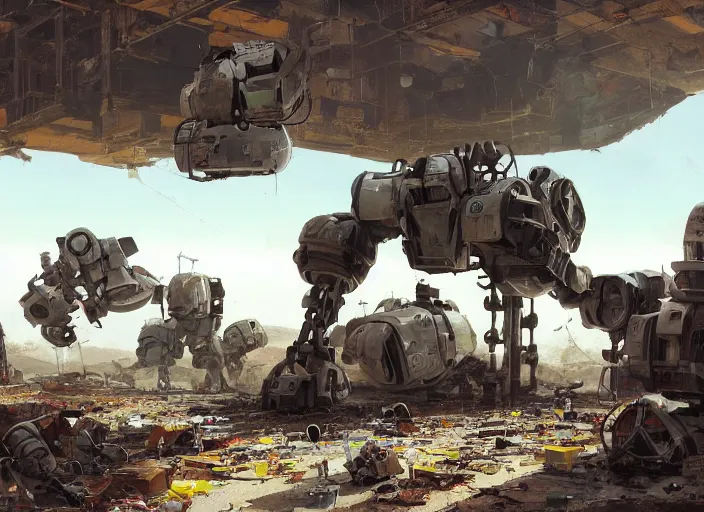 Image similar to a room filled with lots of junk and broken robots and mech, concept art by scott listfield, cgsociety, neoplasticism, artstation hq, playstation 5 screenshot, cryengine